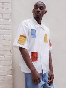 BelSigned BelSigned Men's Fashion Casual Color Clash Applique Embroidered Button Up White Boxy Shirt, For Summer - White - View 5
