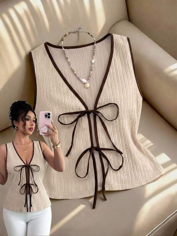 GlowEve Casual Women's Khaki Sleeveless V Neck Crop Tank Top With Graphic Print And Rib-Knit Details