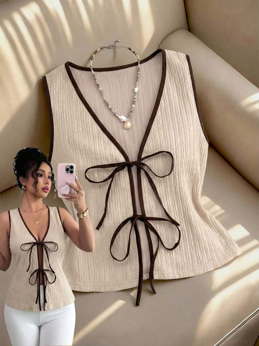 GlowEve 女士优雅休闲卡其色棕色蝴蝶结设计无袖修身背心，春夏款 - 卡其色 - 查看 1