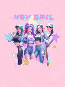 三件套少女休闲上衣，春夏秋季，时尚创意个性清新简约虚拟少女组合彩色五角星音乐符号爱心星星字母印花三件套，黑色紫色粉色，舒适日常夏季款式，适合少女穿着。 - 彩色 - 查看 6