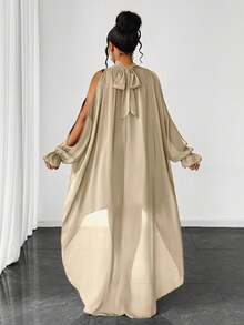 Maweii Vestido de manga larga con dobladillo asimétrico de unicolor talla grande - Albaricoque - Ver 2