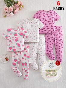 Genkimix Kids 6pcs Young Girl' Short Sleeve Snug Fit Pajama Set With Bow & Heart Prints, Stretchy, Machine Washable, Comfortable Fit, 3 Sets Sold Separately - Multicolor - View 8