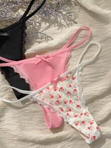 CottageSlumber 3pcs/Set Women's Bow Lace Patchwork Floral Print Thong Panties - Multicolor - View 3
