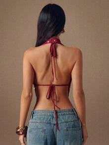 SHEIN BAE Top de tirantes con espalda descubierta y diamante de imitación para mujer, adecuado para cócteles, salir de fiesta, salidas nocturnas, uso diario, y para capas en otoño/invierno - Burdeos - Ver 2