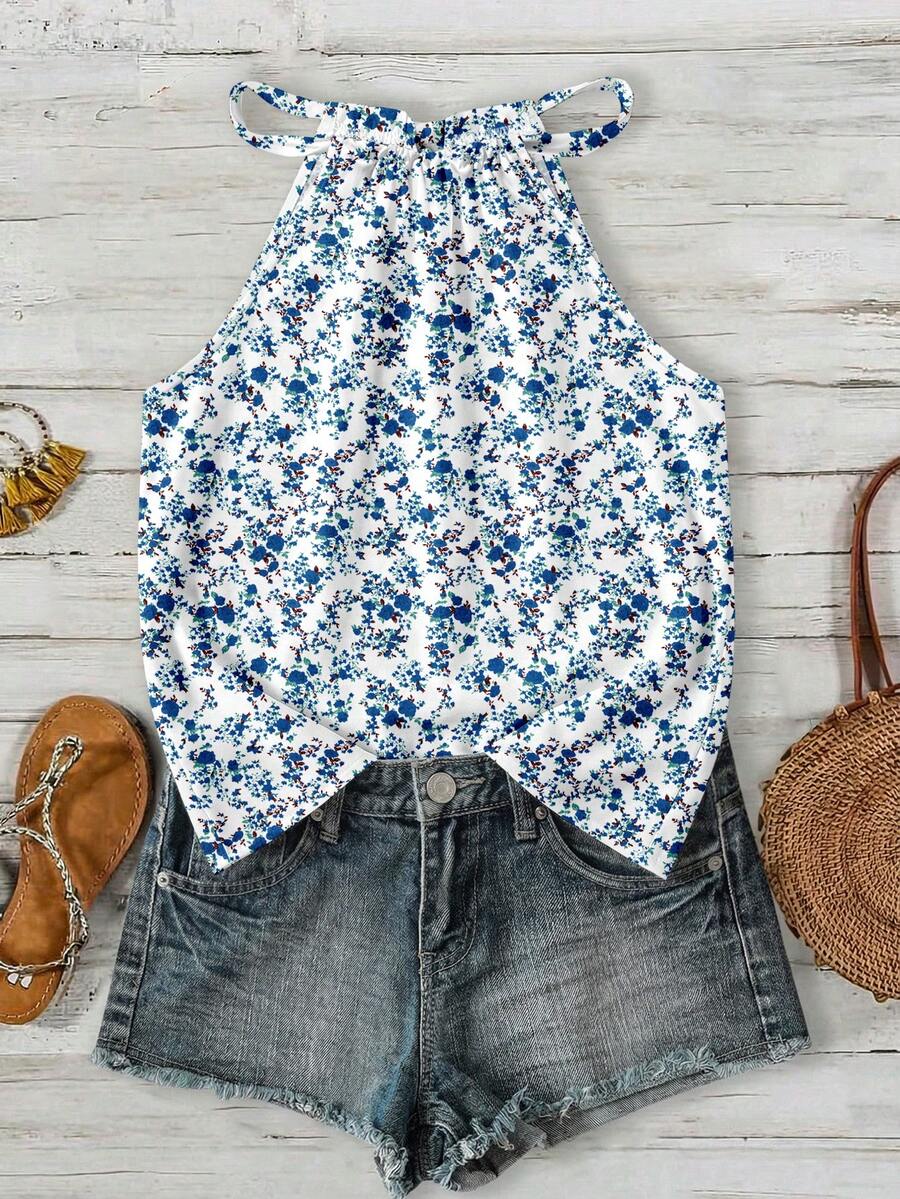 SHEIN LUNE Women's Ditsy Floral Halter Neck Camisole, Suitable For Spring And Summer - Multicolor - View 1