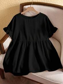 Rusticease Blusa de mujer talla grande con cuello redondo y volantes en las mangas, para verano - Blanco - Ver 3