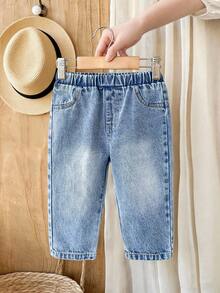 Vintaside Kids 1件装男婴夏季新款牛仔修身裤，松紧腰带，仿口袋设计，休闲街头风长裤 - 藍色 - 查看 1