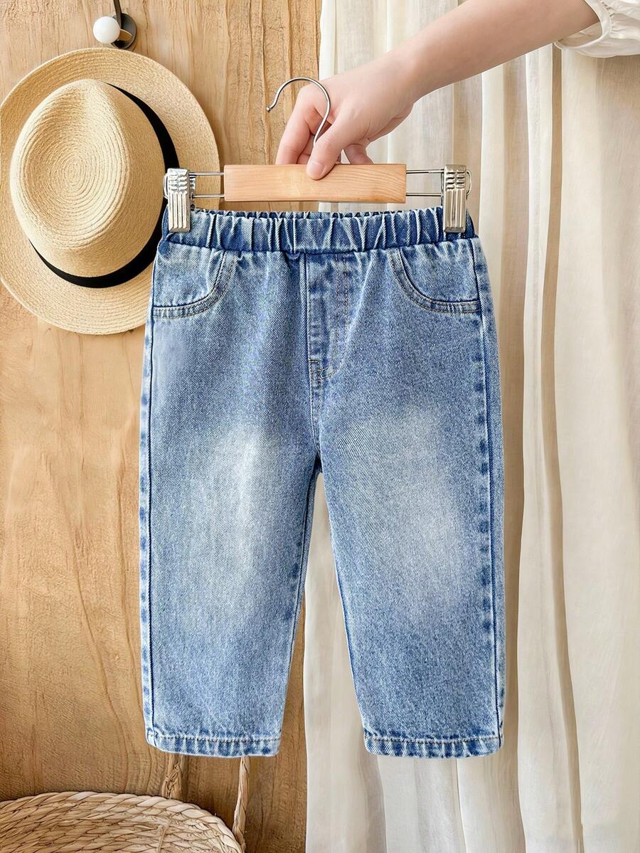 Vintaside Kids 1件装男婴夏季新款牛仔修身裤,松紧腰带,仿口袋设计,休闲街头风长裤 - 藍色 - 查看 1