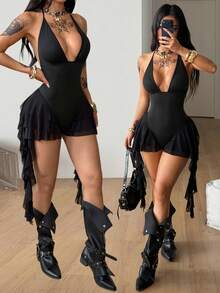 Coolane Conjunto de primavera/verano para conciertos y fiestas, estilo Y2K casual con body elástico con volantes, flecos y espalda descubierta - Negro - Ver 3