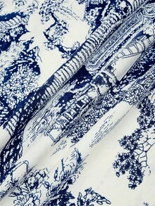 SHEIN PETITE 女士印花A字裙，优雅百搭，适合度假、日常穿着和通勤 - 藍白色 - 查看 6