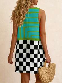 Vaclyn Women's Checkered Patchwork Casual Date Party Mini Dress - Multicolor - View 2