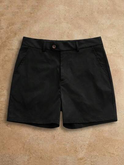 HIMLAND 男士纯色口袋休闲百搭通勤短裤，百搭短裤，易于搭配的短裤，夏季衣橱必备，休闲穿搭灵感，轻松打造休闲造型，日常必备单品，基础款，百搭单品，混搭单品，休闲百搭风格，纯色短裤，男士短裤，黑色牛仔短裤，男士黑色正装短裤