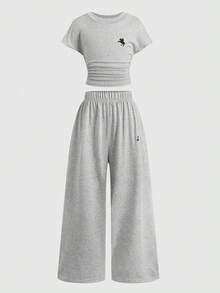 SHEIN Conjunto informal de camiseta y pantalones cortos para niñas - Gris - Ver 7