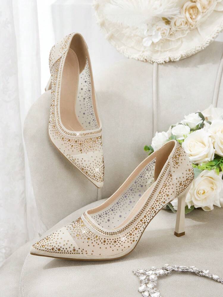 CUCCOO HITCHD Women's Pointed Toe High Heel Shoes, Rhinestone Decor Mesh Fabric, Fashion Comfortable For Daily, Party, Wedding, Slip-On Elegant Shoes Wedding Shoes