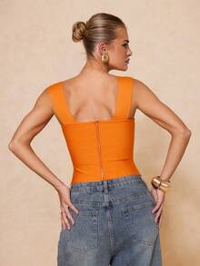 Lumalex 女士时尚弹力金属装饰露脐上衣，夏季 - 橘色 - 查看 9