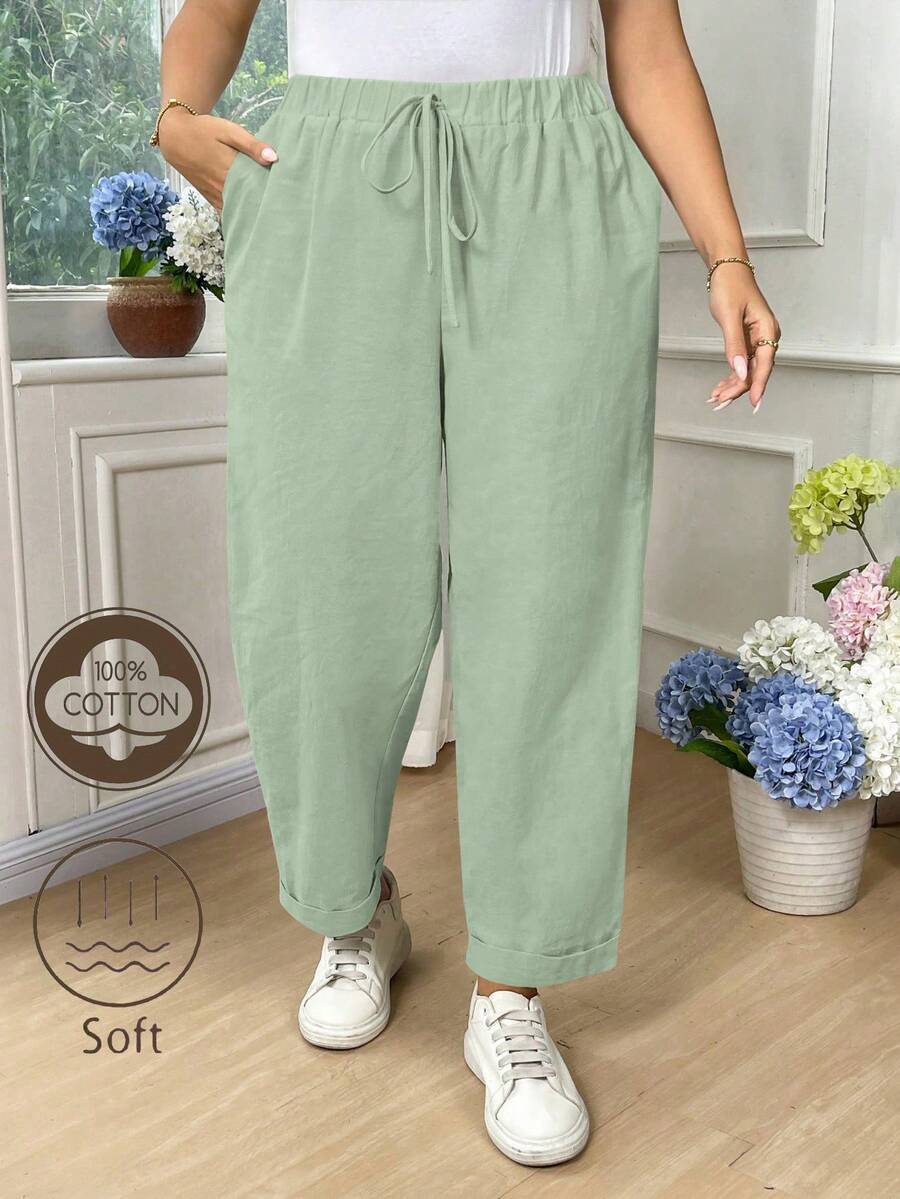 EMERY ROSE 大码女式纯色休闲棉质翻边裤 - Fresh Green - 查看 1