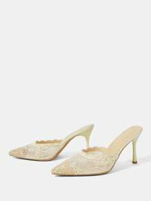 CUCCOO HITCHD Giày cao gót mũi nhọn, thanh lịch, thích hợp cho nữ, kiểu dáng công sở, chất liệu lưới, thêu họa tiết và đính cườm. - Màu vàng nhạt D - Xem 3