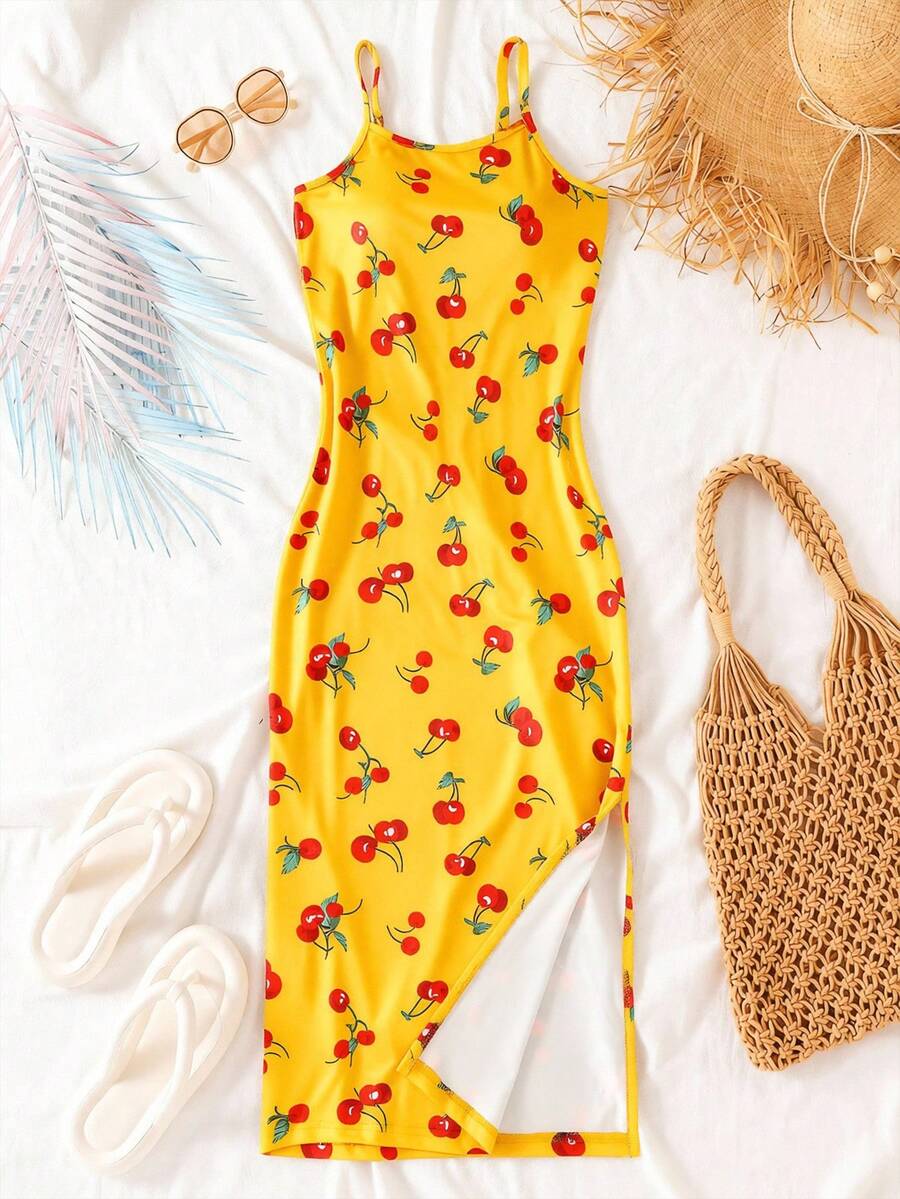 Sparklyn 夏季女童无袖长裙，色彩缤纷的水果印花，充满活力，修身剪裁，侧开衩下摆，非常适合外出和拍照！ - 黃色 - 查看 1