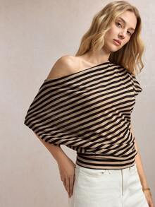 BizChic Summer Yellow & Black Striped Asymmetric Shoulder Batwing Sleeve Cinched Waist Women's T-Shirt,Elegent Night Out Office Outfits One Shoulder Tops - Multicolor - View 5