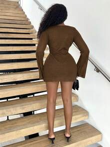 Alexandranx METAL DETAIL DEEP V NECK COVER UP DRESS FOR SUMMER BEACH VACATION - Brown - View 2