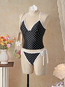 Bellisia Bộ áo hai dây tankini in họa tiết chấm bi dành cho nữ - Đen và trắng - Xem 4