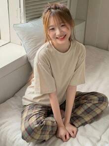 Dazy Kids 青少年女孩純色圓領上衣與格紋長褲休閒居家服套裝 夏季 - 杏色 - 查看 2