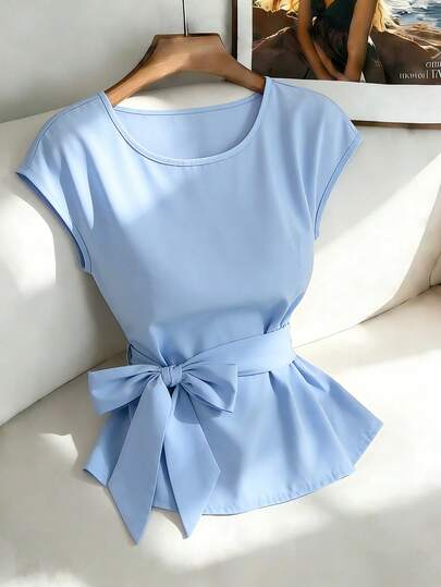 GlowEve Nueva llegada Blusa elegante y versátil para mujer con cuello redondo, fruncido lateral y lazo