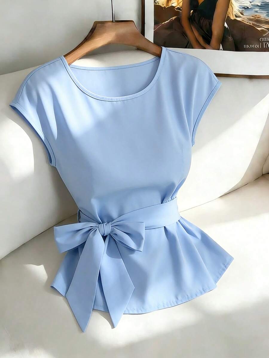 GlowEve Nueva llegada Blusa elegante y versátil para mujer con cuello redondo, fruncido lateral y lazo - Azul - Ver 1