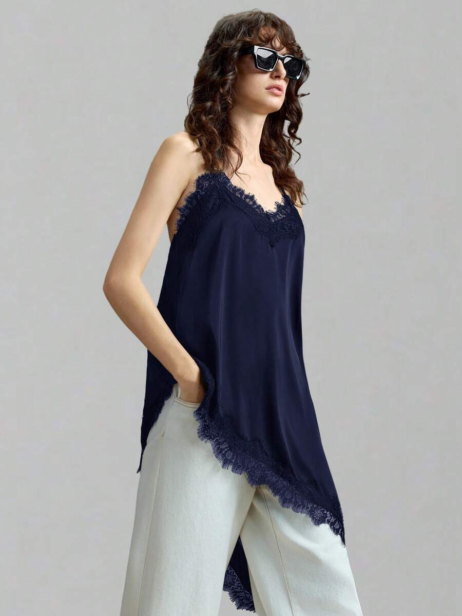 2026 女士藏蓝色缎面绉纱弹力面料舒适吊带长款吊带背心，适合都市通勤、商务休闲、约会、婚礼、出席宾客和度假等场合，春夏女式上衣，优雅蕾丝边饰上衣，女士夏季吊带背心，女士无袖上衣 - 藏蓝色 - 查看 1