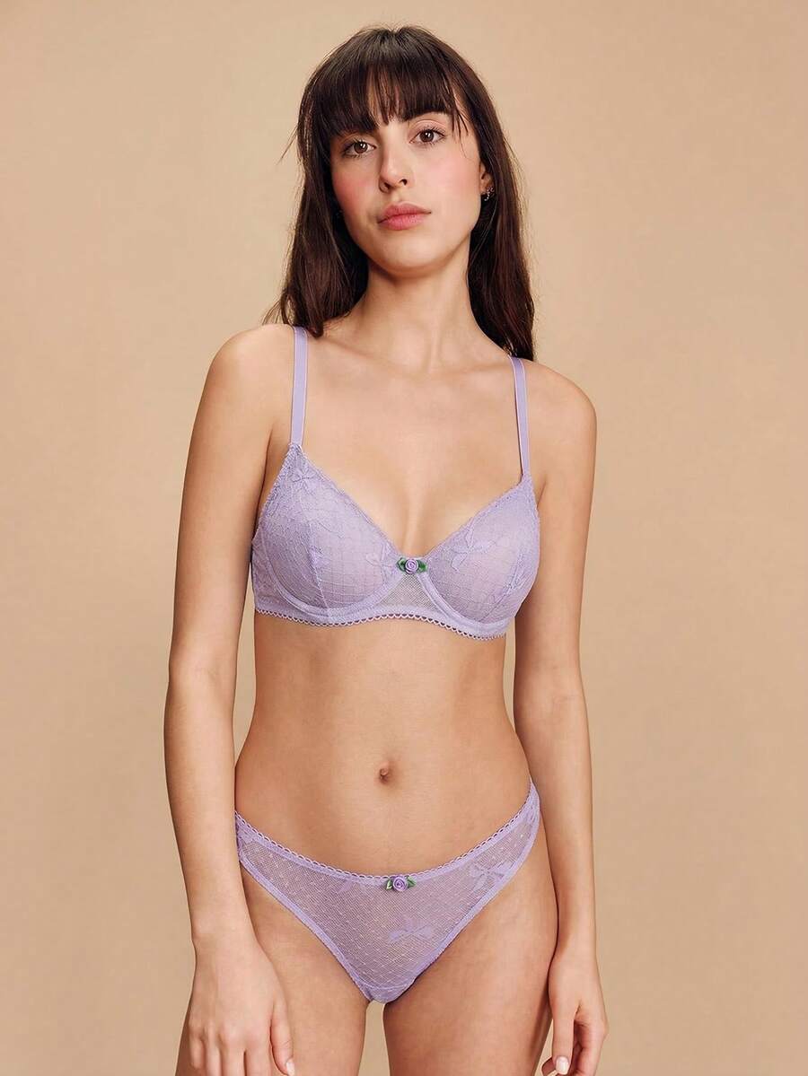 lacRébo Soft Delicate Lilac Mesh Lingerie Set With Underwired Bra Rose Flower Trim Detail And Matching Thong Romantic Cute French Style Parisian Style - Purple - View 1