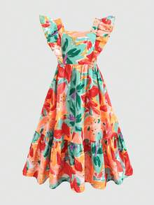 SHEIN Đầm hoa nhí nhiệt đới, kiểu dáng casual với nơ khoét lỗ, đa năng, thích hợp cho chị em gái mặc đôi, đi cắm trại, chụp ảnh gia đình, dự tiệc và mặc hàng ngày. - Nhiều màu - Xem 2