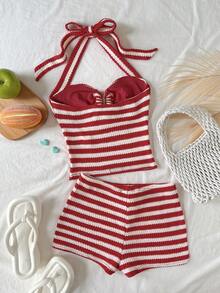 SHEIN Áo tank top cổ yếm kẻ sọc, quần short, thích hợp mặc hàng ngày, đi biển, phong cách miền Tây, đi nghỉ mát, lễ hội âm nhạc, trang phục mùa hè phong cách bohemian cho nữ tuổi teen. - Đỏ - Xem 3
