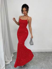 Selianne Đầm dài hai dây thanh lịch, ôm eo, bóng bẩy dành cho nữ dự tiệc. - Đỏ - Xem 3