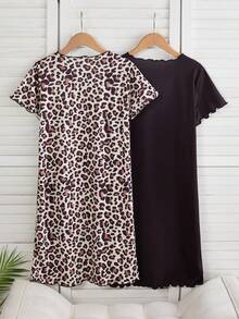 2 piezas Camisón de manga corta con cuello redondo y estampado de cerezas y leopardo, ropa de estar en casa elegante y linda para niñas - Negro - Ver 2