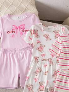 Conjunto de pijama de 3 piezas para niña con estampado floral morado y estampado de helado, de manga corta y pantalón corto - Multicolor - Ver 4