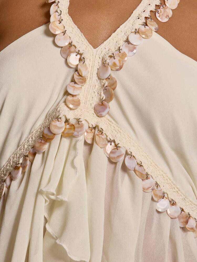 MUSERA Shell Embellished Draped Ruffled Flowy Halterneck Top Coord Top Only Cute Summer Spring Sexy Going Out Beach Holiday Vacation Honey Tides Y2K Elegant - Beige - View 6