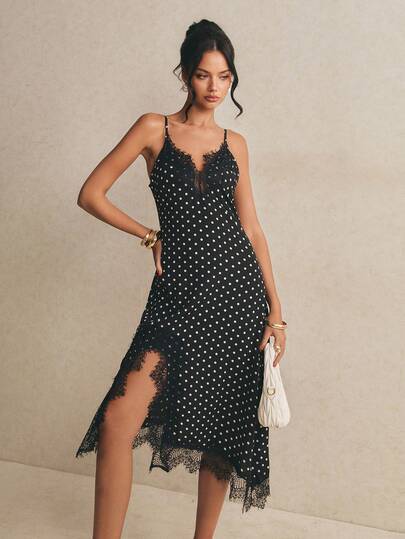 Poéselle Women's Polka Dot Lace-Trim Asymmetric Slip Midi Dress – Black Spaghetti-Strap Cami Dress For Date Night & Parties Polka Dot Dress Lace Slip Dress Asymmetric Hem Dress Black Midi Dress Date Night Outfit Cocktail Party Dress Satin Cami Dress Vintage Polka Dots Elegant Polka Dot Print Lace Patchwork Slit Camisole Dress, Summer Summer Outfits For Women Festival Outfits For Women Beach Dress Graduation Dress Wedding Guest Dress For Women Elegant Dresses For Women Formal Dress Country Concert Outfit Polka Dot Dress Black Dress