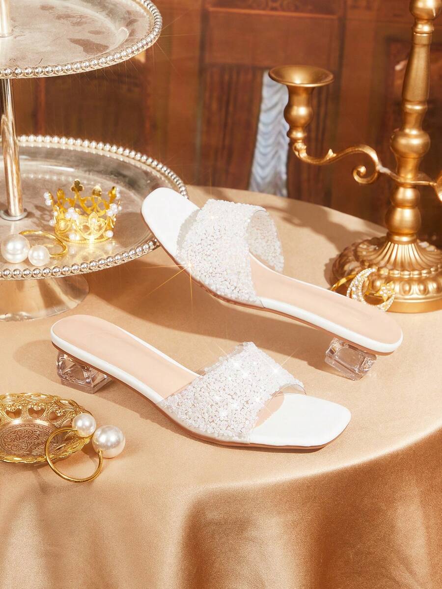 CUCCOO TILAWA Women's Fashion Crystal Glass Rhinestone Decorated High Heel Sandals For Outdoor Events And Parties, Spring Shoes, Spring Break Easter Prom Heels Summer Shoes - White - View 1