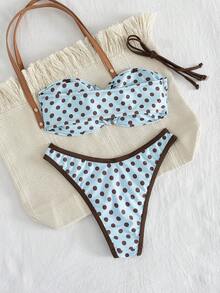 Oceva Bộ bikini hai mảnh chấm bi buộc dây cổ gợi cảm dành cho nữ mùa hè đi biển, gồm bikini và quần tam giác. - Màu xanh lam - Xem 2