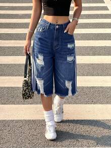Muchica Quần short denim nữ dáng rộng, có túi, rách gấu, tua rua. - Rửa tối - Xem 1