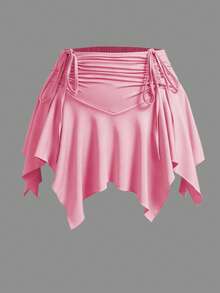 Sweetra CURVE Pantalones cortos con cintura elástica, cordón delantero y bajo asimétrico para tallas grandes - Rosa - Ver 3