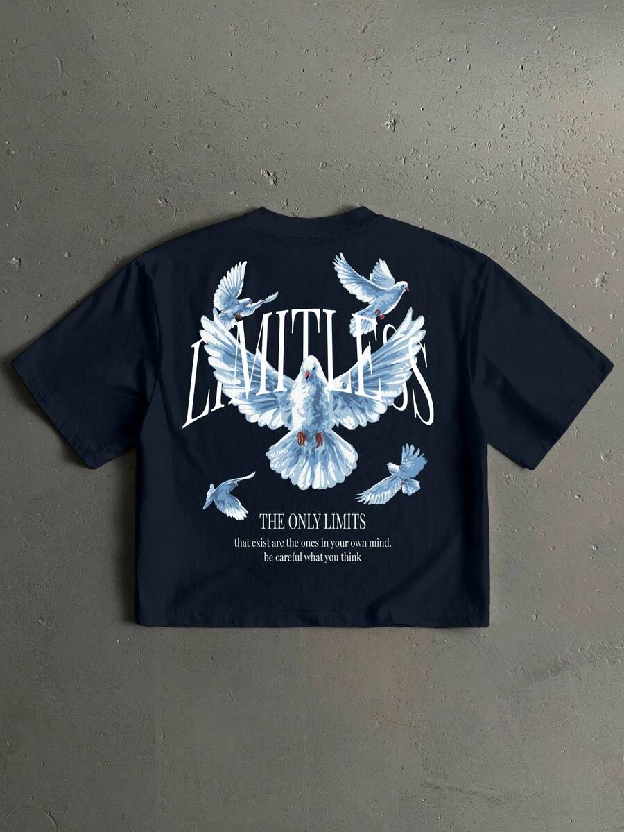 StoneGrade Áo thun nam tay ngắn dáng rộng, màu xanh navy, in hình chim bồ câu hòa bình bằng chữ tiếng Anh, thích hợp cho các buổi hẹn hò và gặp gỡ, trang phục thời trang, làm quà tặng cho bạn trai. - Màu xanh hải quân - Xem 1