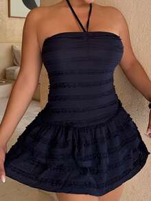 Maria Perezxox 女士夏季挂脖系带腰部荷叶边迷你连衣裙 - 藏蓝色 - 查看 6