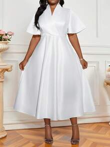 SHEIN Lady 大码优雅派对纯色束腰连衣裙 - 白色 - 查看 6