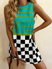 Vaclyn Women's Checkered Patchwork Casual Date Party Mini Dress - Multicolor - View 6