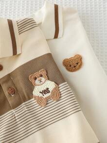 Cozy Pixies 2件套男童卡通熊图案针织软领短袖套头衫套装 - 杏色 - 查看 5