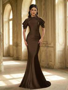 Aureia Elegant Minimalist Chocolate Brown Knit Stand Collar Flounce Hem Dress, Suitable For Fashion Celebrations, Galas, Business Events, Balls, Tea Parties, Cocktail Parties, Wedding Guest Attire, Bridesmaid Dress Chocolate Brown Dress Brown Elegant Dress Brown Wedding Guest Dress Elegant Brown Dress Long Sleeve Brown Dress - Chocolate Brown - View 2