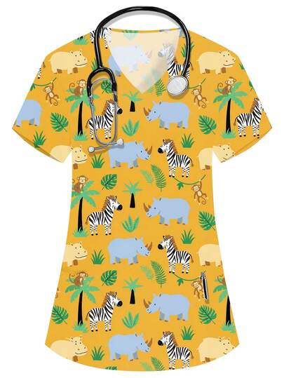 PopScrub Women's Yellow V-Neck Short Sleeve Double Pocket Cute Animal Print Blouse, Adorable Monkey And Other Patterns, Nurse/Doctor Uniform Top, Solid Color Pet Grooming Workwear, Nutritionist Lab Coat, Multi-Pocket Functional Workwear, Functional Women's Holiday Outfit, Adorable