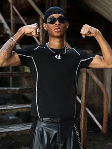 PAVTROS Men's Comfortable Star Print Contrast Stitching Slim Fit Short Sleeve T-Shirt Compression Shirts For Men Running Shirt For Men Rashguard For Men Pro Club Tshirt For Men - Black - View 3