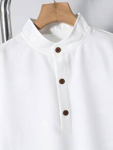 Vacaura 2pcs/Set Tween BoysSummer Stand Collar Casual Versatile Shirt + Solid Color Simple Pocket Pants Outfit, Suitable For Daily Wear And Outdoor - Apricot - View 5